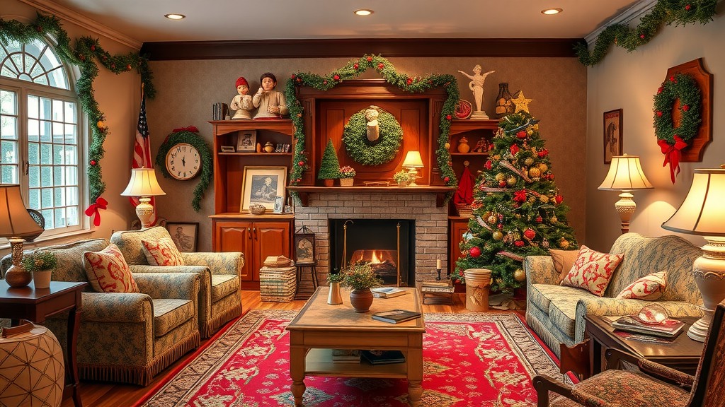 Cozy vintage living room decorated for Christmas with a tree, garlands, and retro furniture.