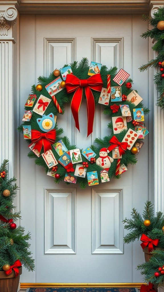A vintage Christmas card collage wreath decorated with colorful cards and red bows, hanging on a door.