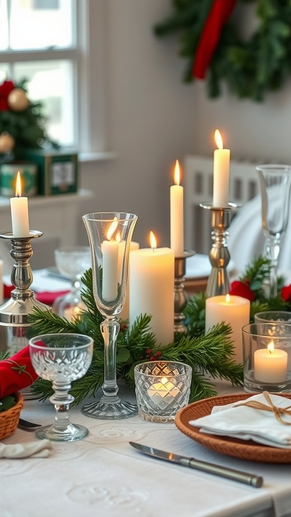 A beautifully set table with vintage glassware and candles, decorated for the holidays