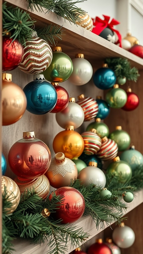 A collection of vintage Christmas ornaments displayed on a wooden shelf, surrounded by green pine.