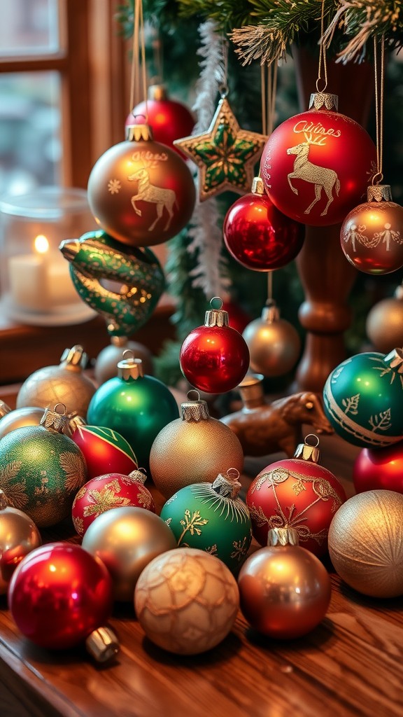 A collection of vintage Christmas ornaments in various colors and designs, including red, green, and gold, displayed on a wooden table.