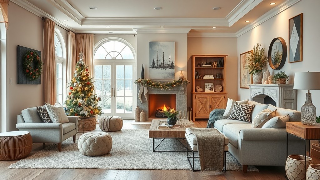 A cozy living room decorated in warm neutrals, featuring a Christmas tree, plush seating, and a fireplace.