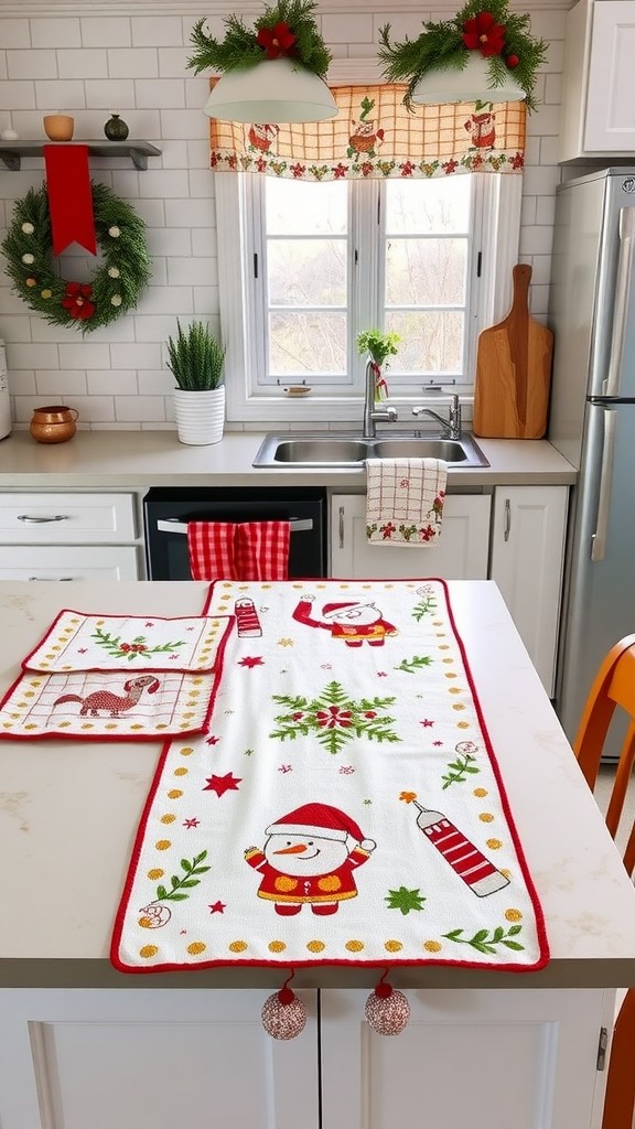 A festive kitchen with holiday-themed textile layers including a runner and pot holders, complemented by seasonal decorations.