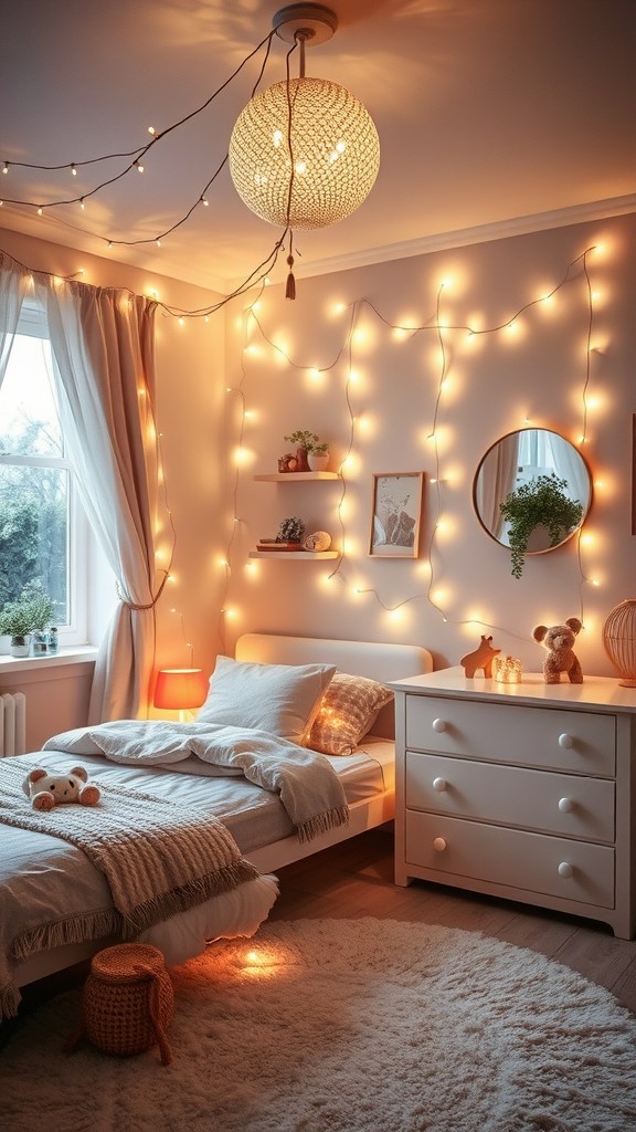 A cozy kids' room with fairy lights, a small Christmas tree, and plush toys creating a warm atmosphere.