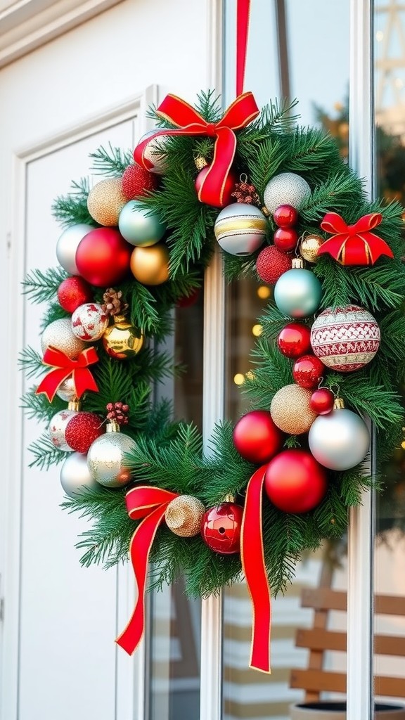 A colorful DIY Christmas wreath with red and gold ornaments and bows, hanging on a door.