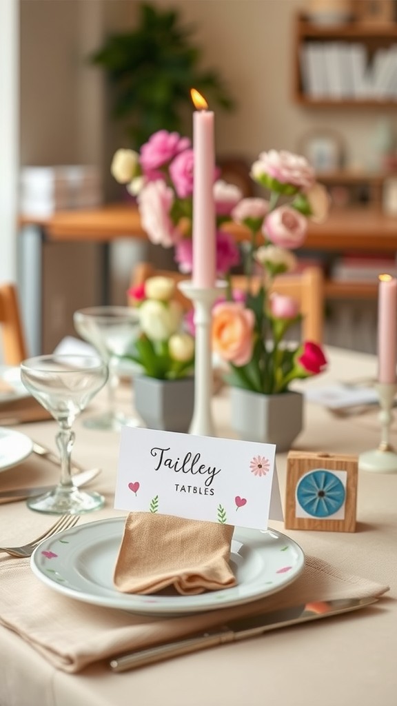 A beautifully set table with whimsical DIY place cards, flowers, and candles.