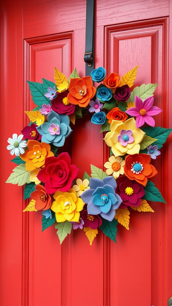 A colorful felt flower wreath displayed on a red door.