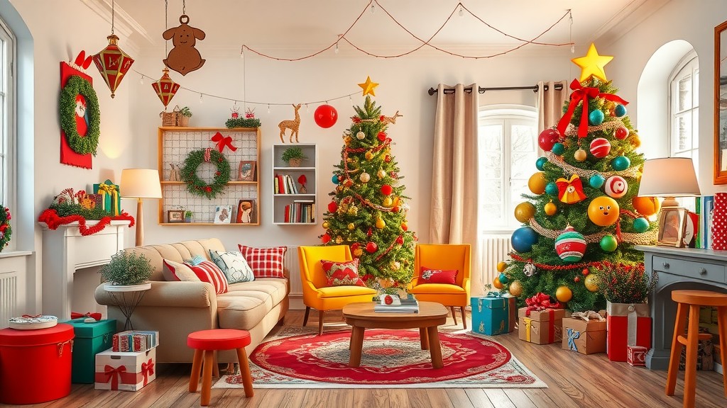 A cozy living room decorated for the holidays with two Christmas trees, ornaments, and colorful furnishings.