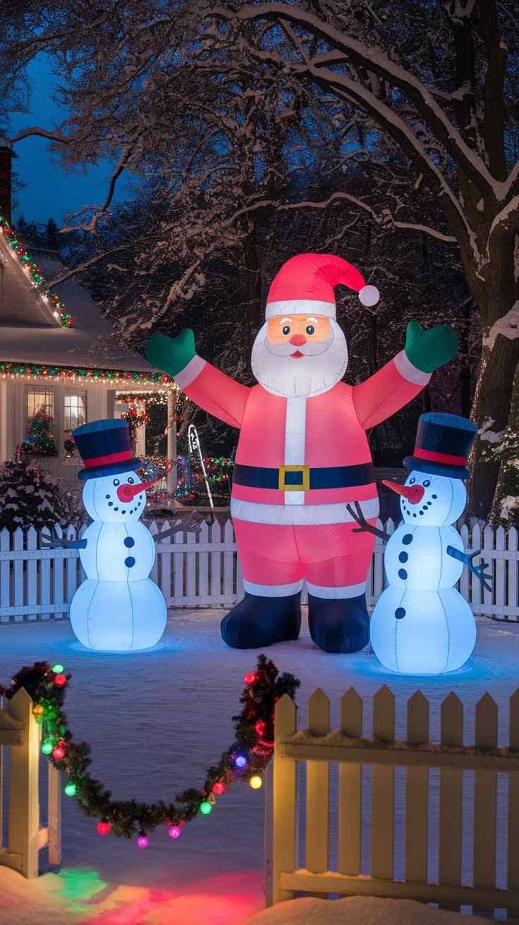 A large inflatable Santa with two snowmen in a snowy yard, decorated for the holidays.