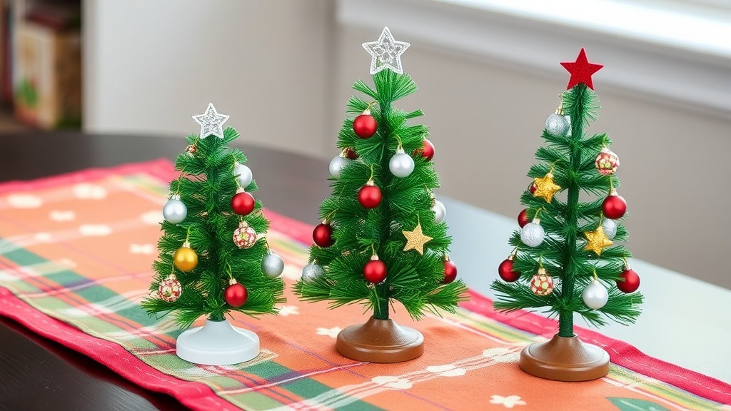 Three mini Christmas trees on a table, decorated with colorful ornaments and stars.