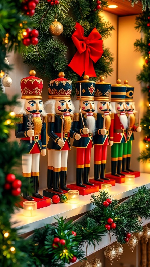 A festive display featuring colorful nutcracker figures among holiday decorations, including greenery, a red bow, and candles.