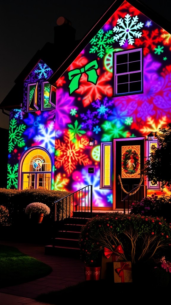 A house decorated with colorful projection lights featuring snowflakes and bows.