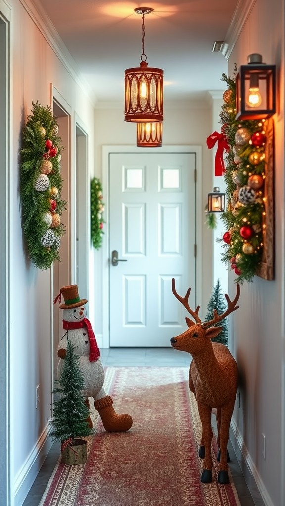 A festive hallway decorated with a snowman, reindeer, and Christmas wreaths, illuminated by warm light fixtures.