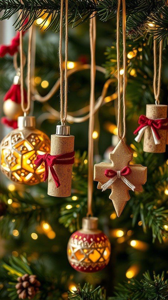 Wine corks transformed into charming Christmas ornaments hanging on a tree with warm lights