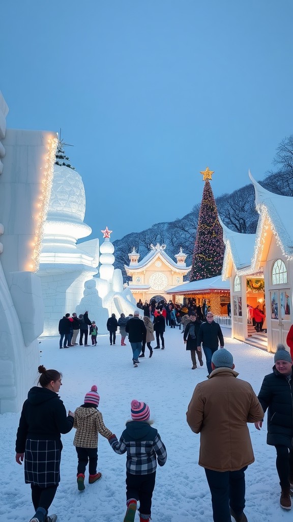 A winter festival scene with families walking on snowy paths, decorated trees, and snow sculptures.