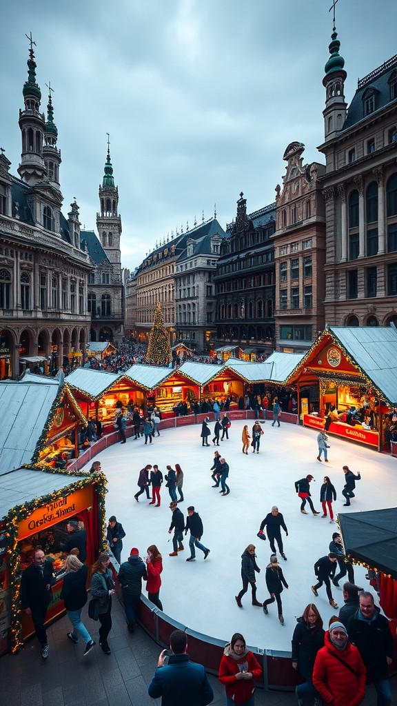 A bustling scene of the Brussels Christmas Market with an ice skating rink surrounded by festive stalls and beautiful architecture.