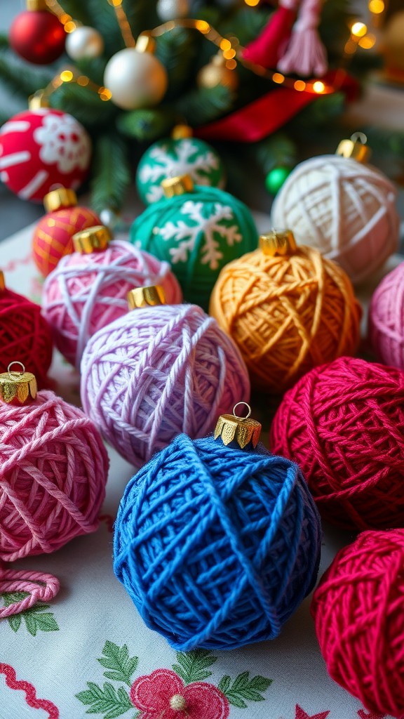 Colorful yarn-wrapped ball ornaments displayed on a table with holiday decorations